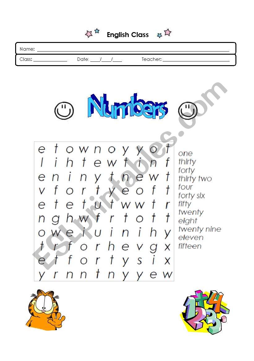 Numbers 1 to 50 - wordsearch worksheet