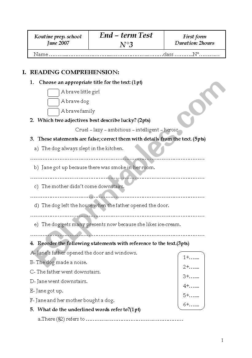 End-term test n3 tunisian 1st formers - part two: reading, language and writig