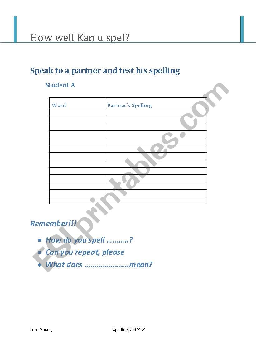 Spelling Pair work template worksheet