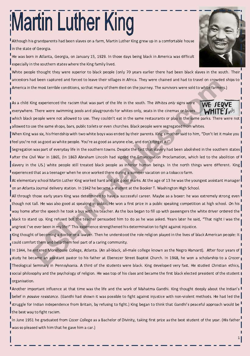 Martin Luther King (six page biography)