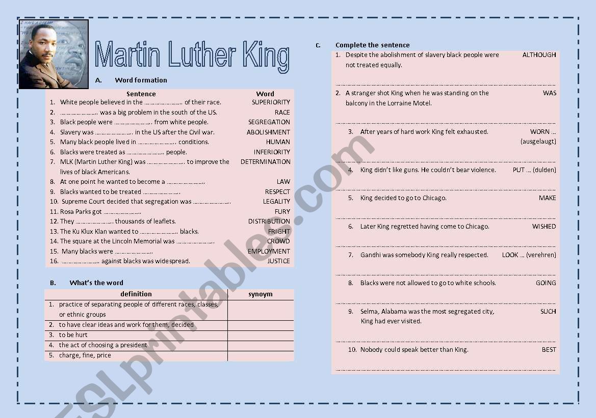 Martin Luther King (FCE worksheet - two pages)