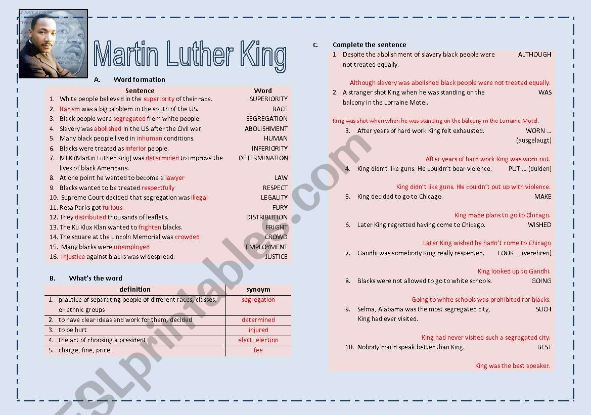 Martin Luther King (FCE worksheet key)