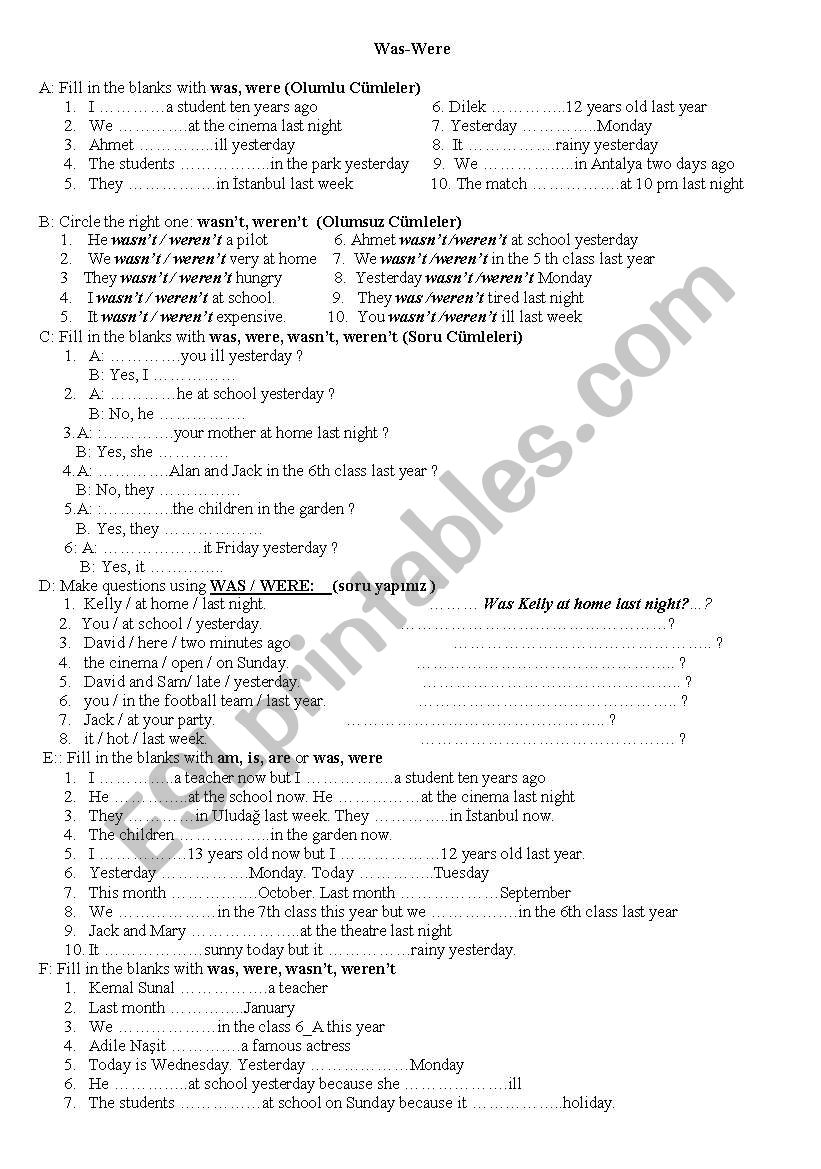 Past for of Tobe worksheet