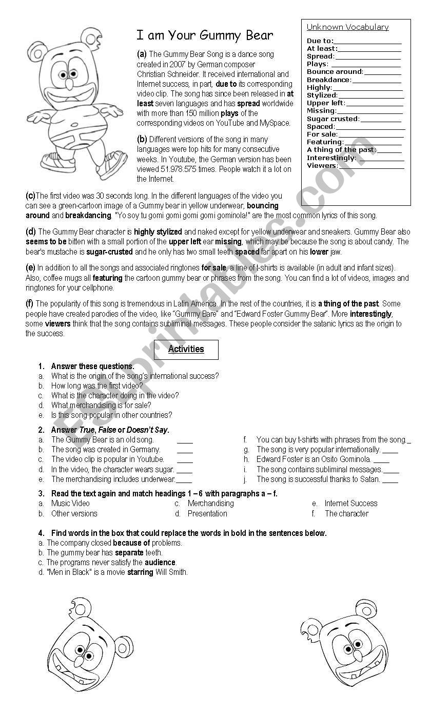 The Gummy Bear worksheet