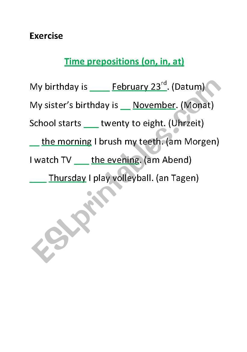 time prepositions worksheet