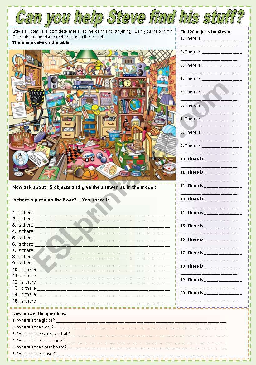 Can you help Steve find his stuff? (there is + prepositions + to be) ***fully editable