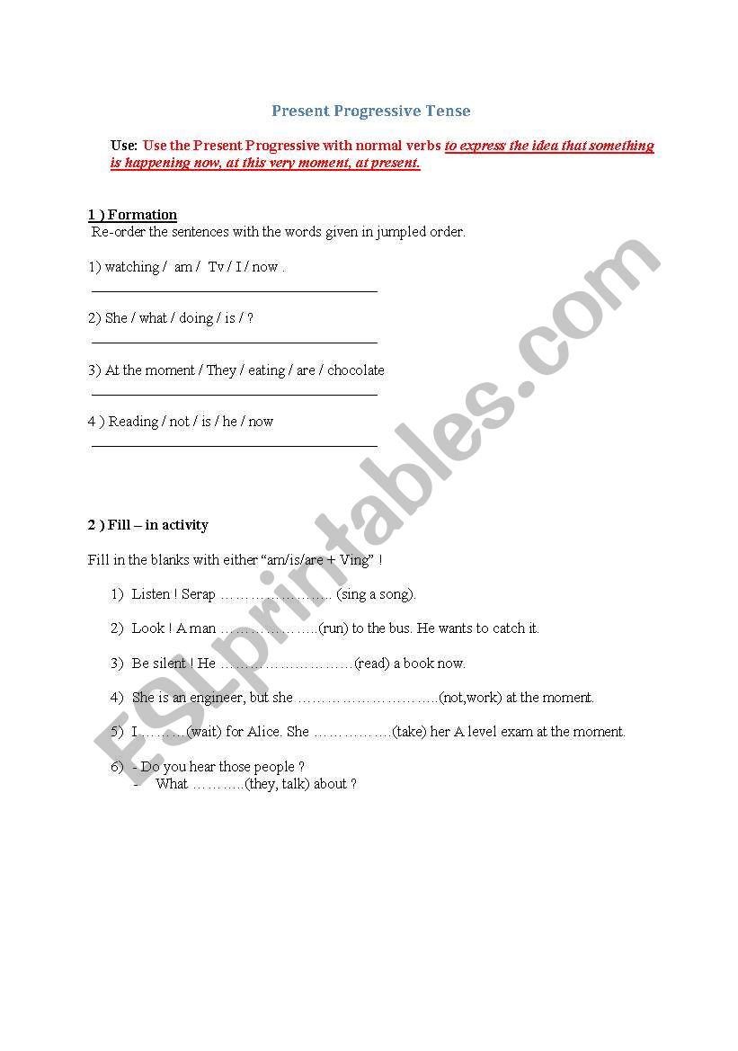 present progressive tense worksheet