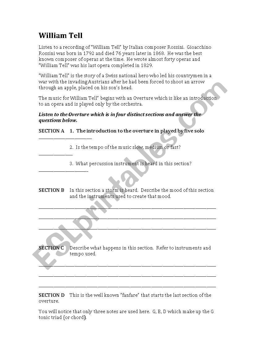 William Tell Listening sheet worksheet