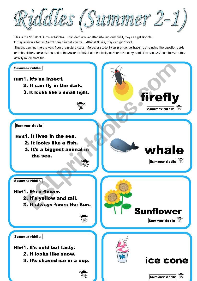 Summer Riddles 2-1 worksheet