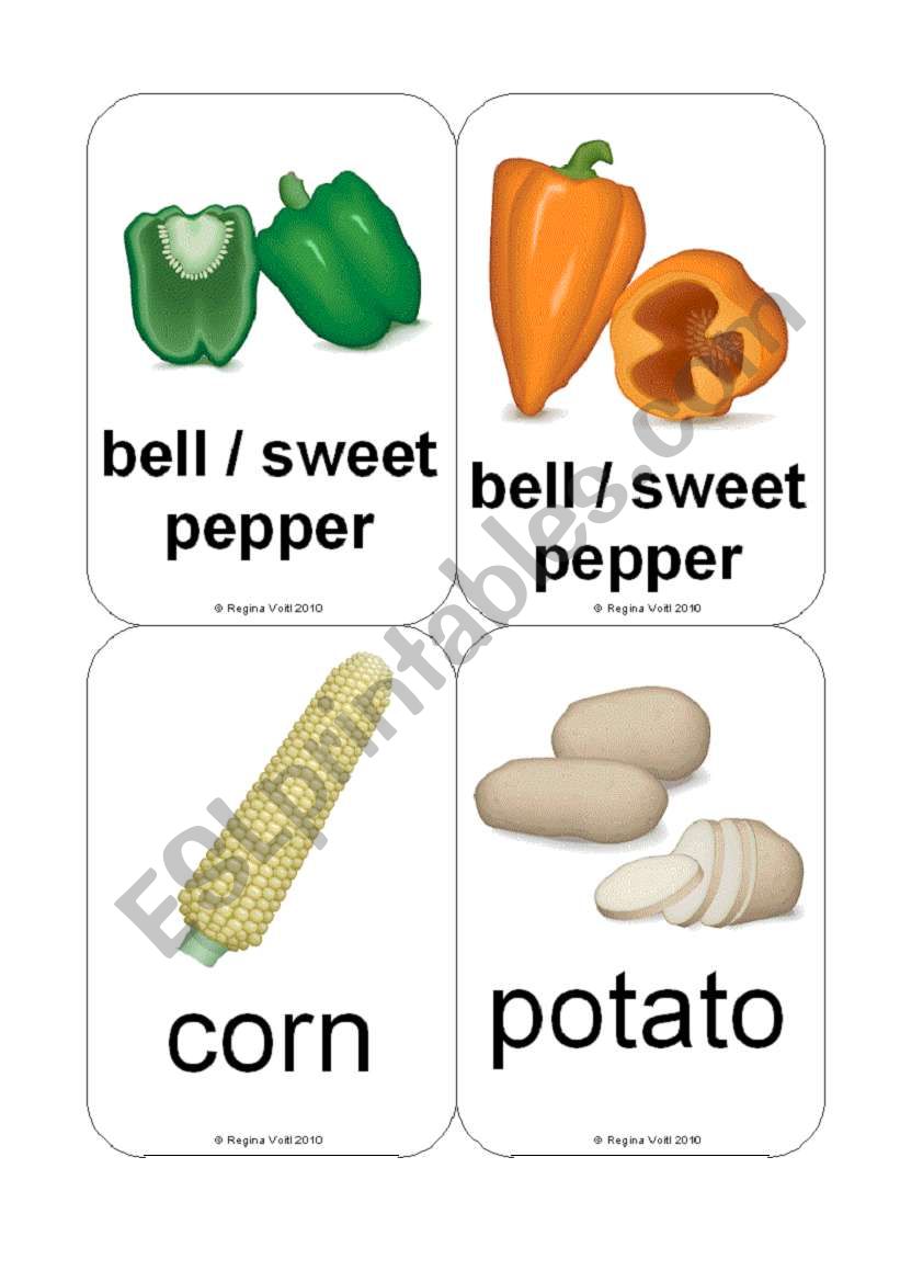 Fruit / Vegetable Flashcards (Common Vegetables et al.) (12 Cards)