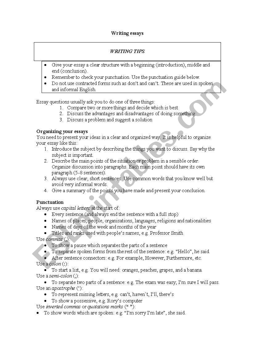 Tips for Writing Essays worksheet