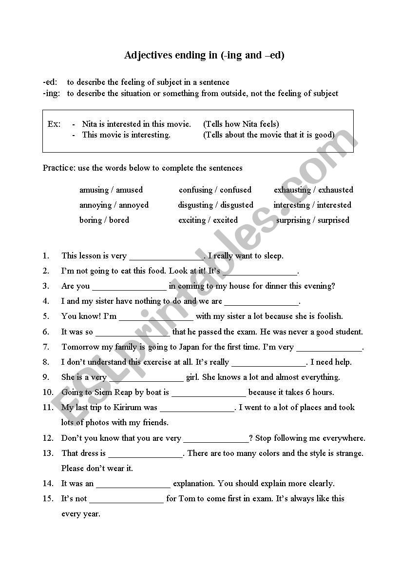 -ed and -ing adjectives worksheet