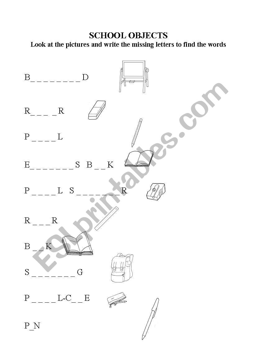 school objects worksheet