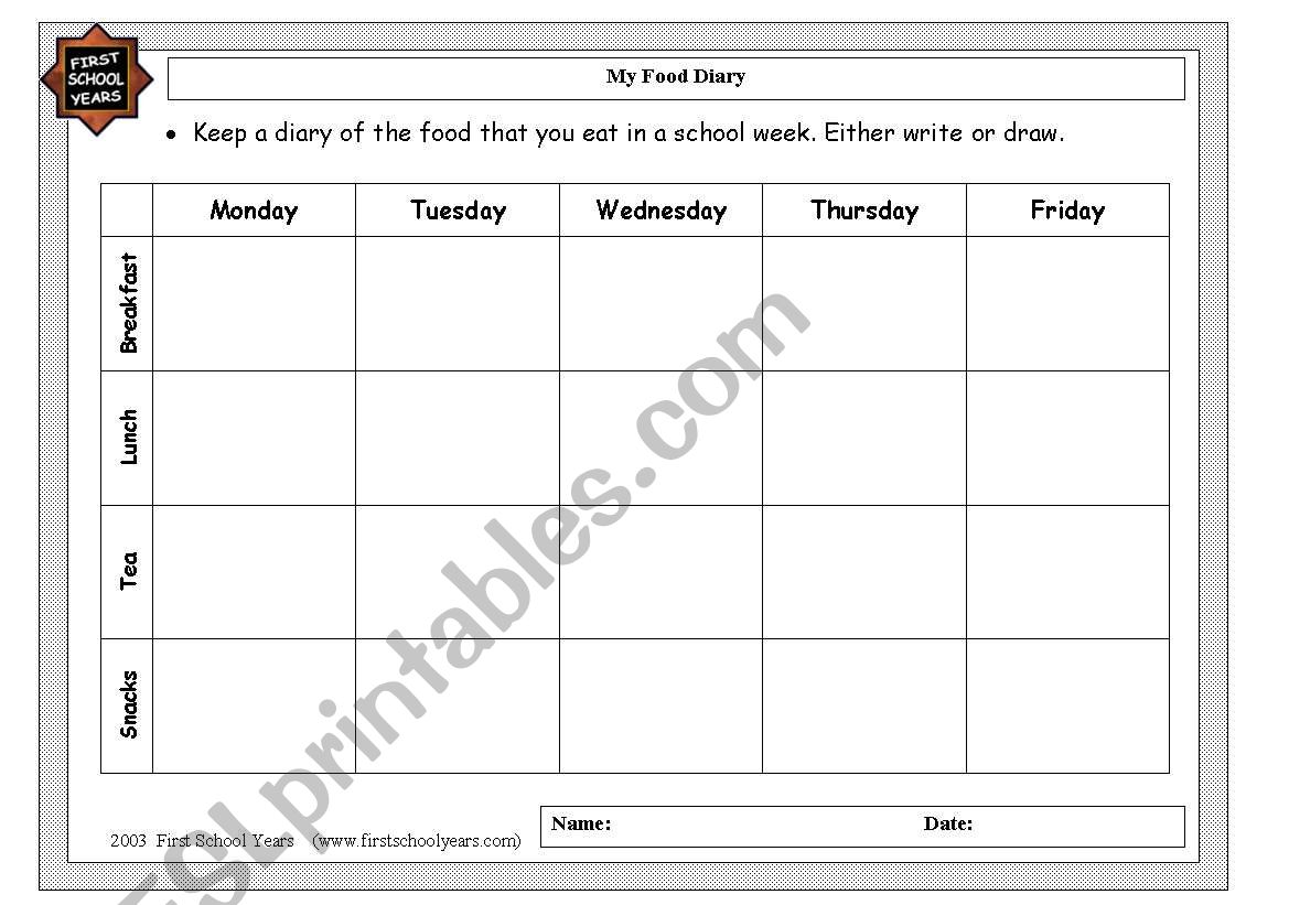 my food diary worksheet