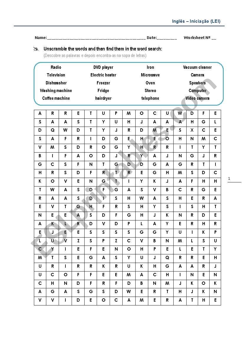 equipments wordsearch worksheet