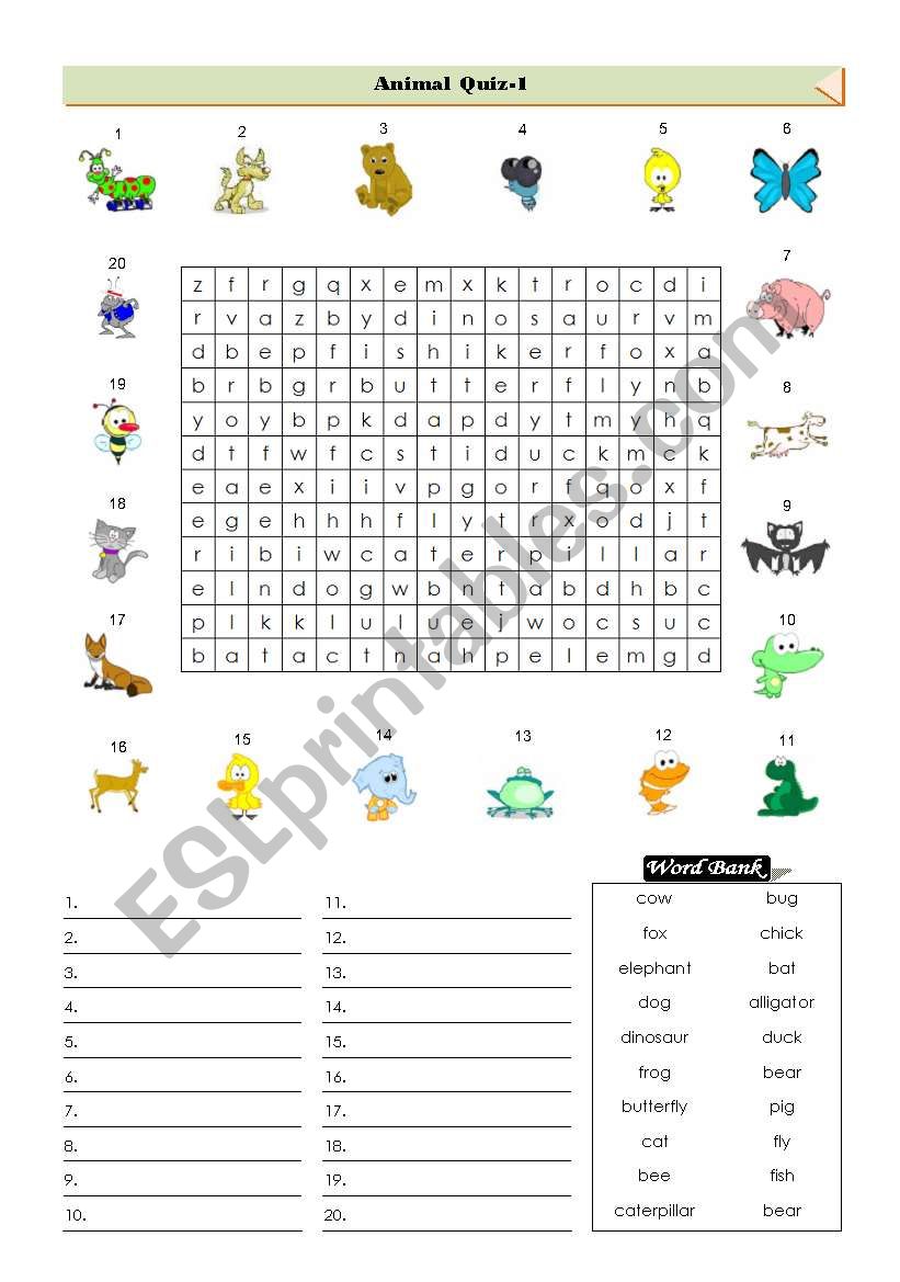 Animal-Wordsearch Quiz worksheet