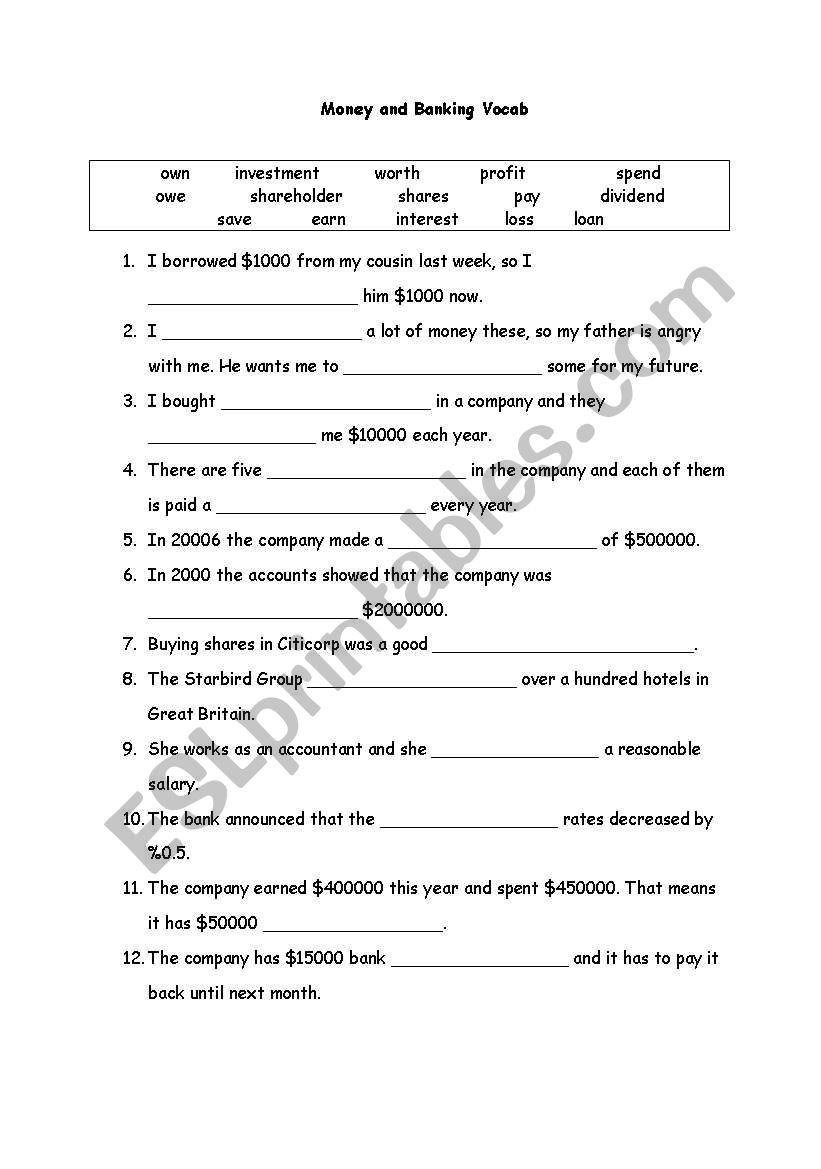 Money and banking vocab worksheet