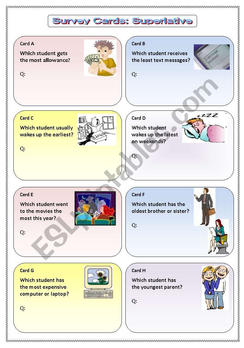 Survey Cards: Superlative worksheet