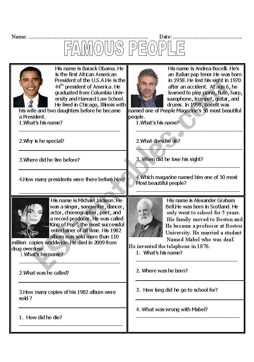 famous people worksheet