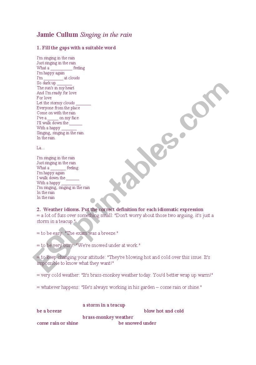 singing in the rain worksheet