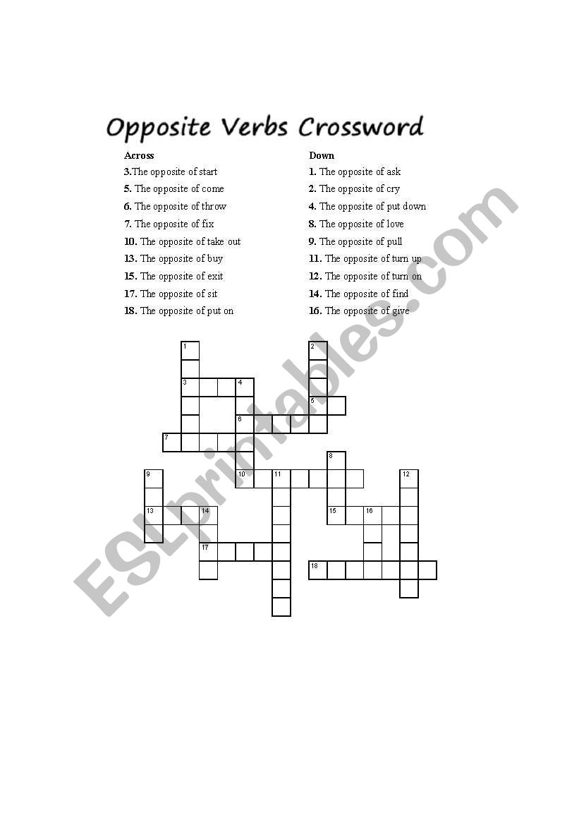 opposite verbs crossword worksheet