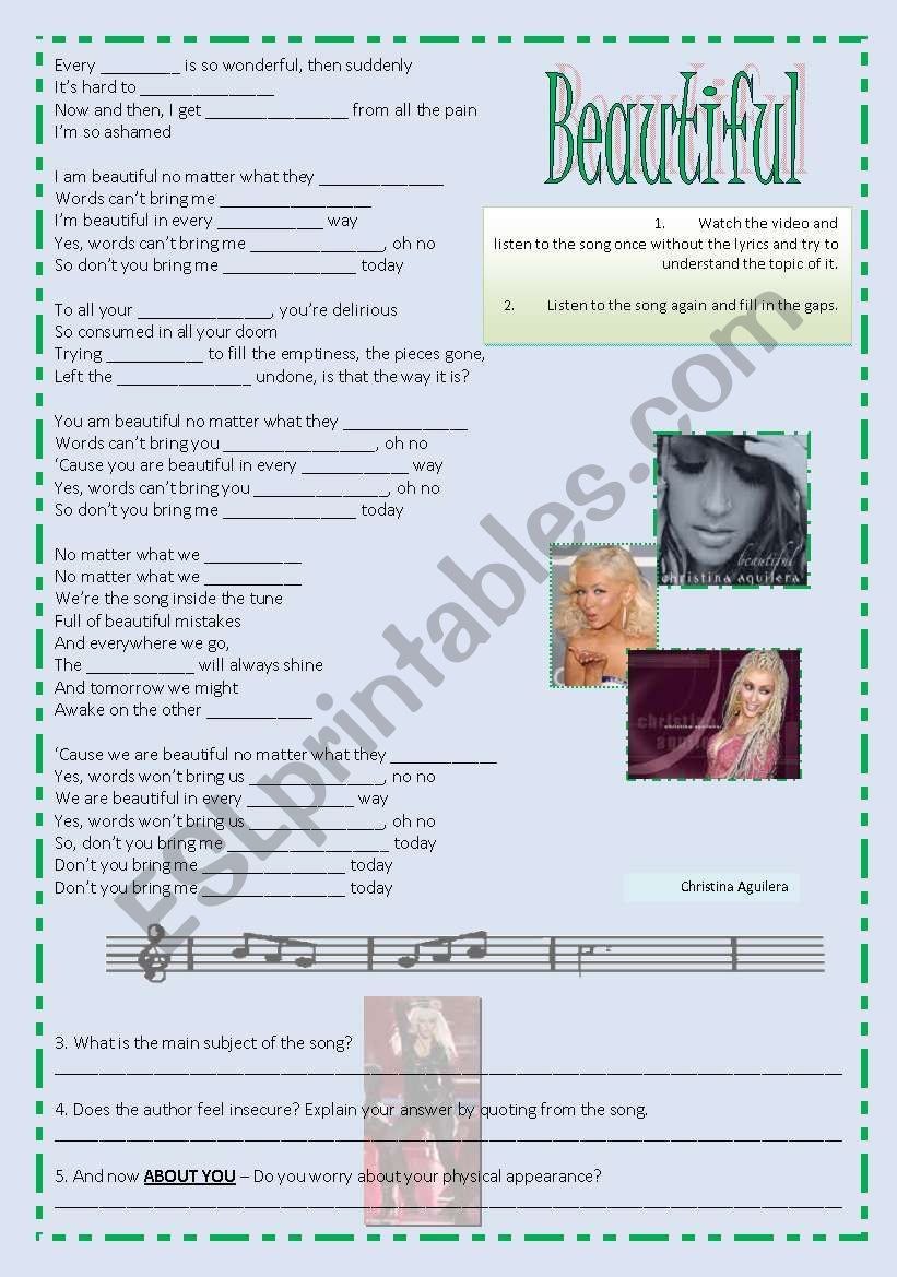 SONG: BEAUTIFUL - BODY IMAGE worksheet