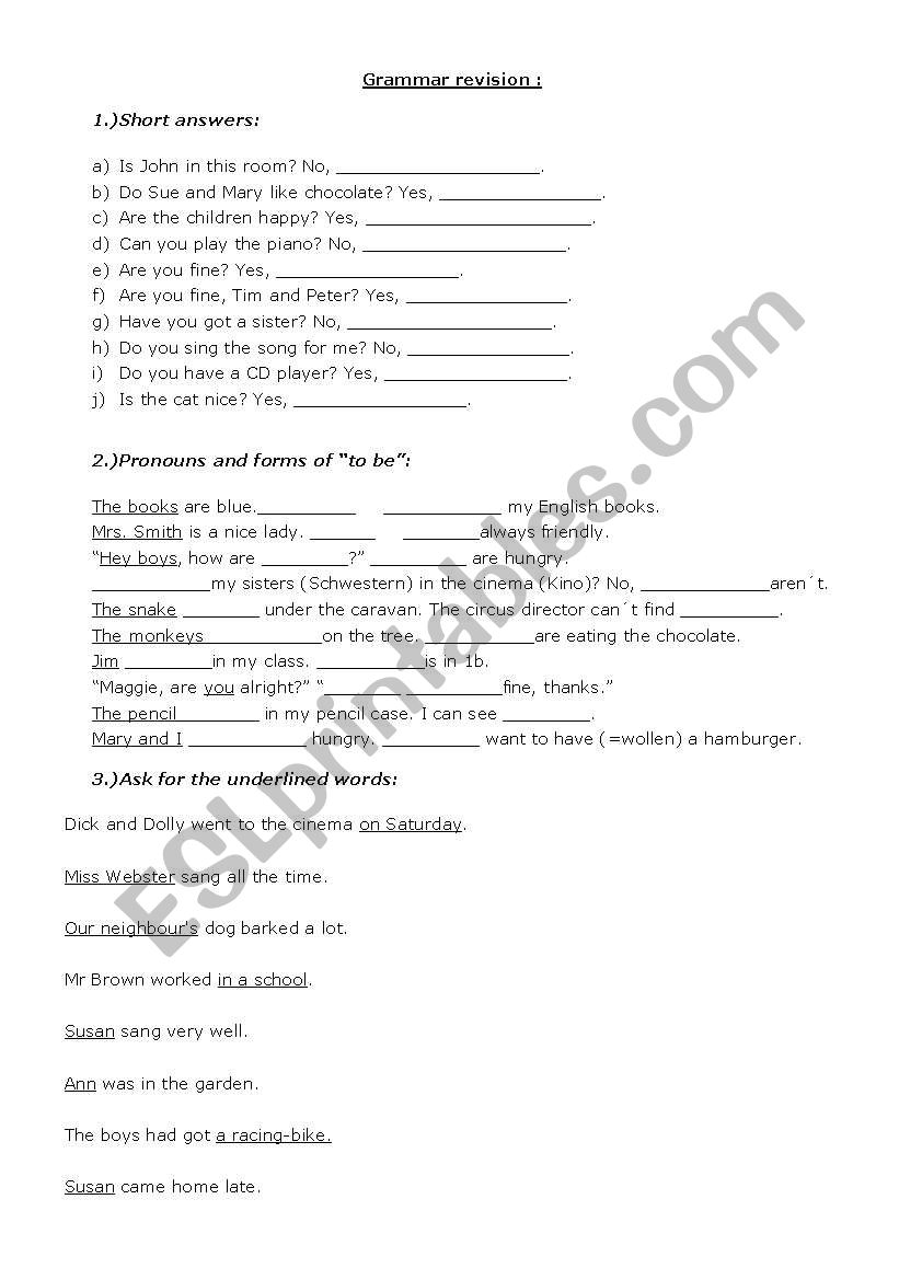 Grammar revision 1st form: Short answers, pronouns and asking for underlined words