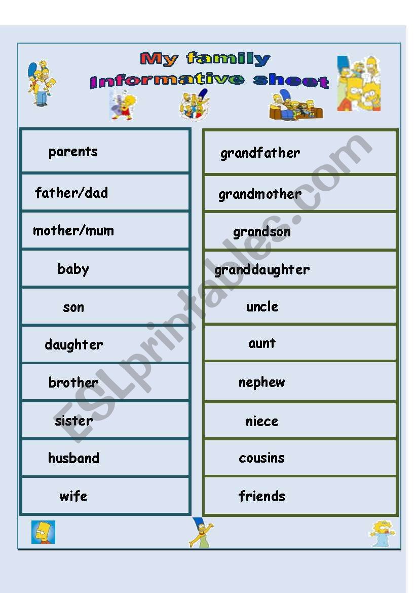 Family informative sheet worksheet