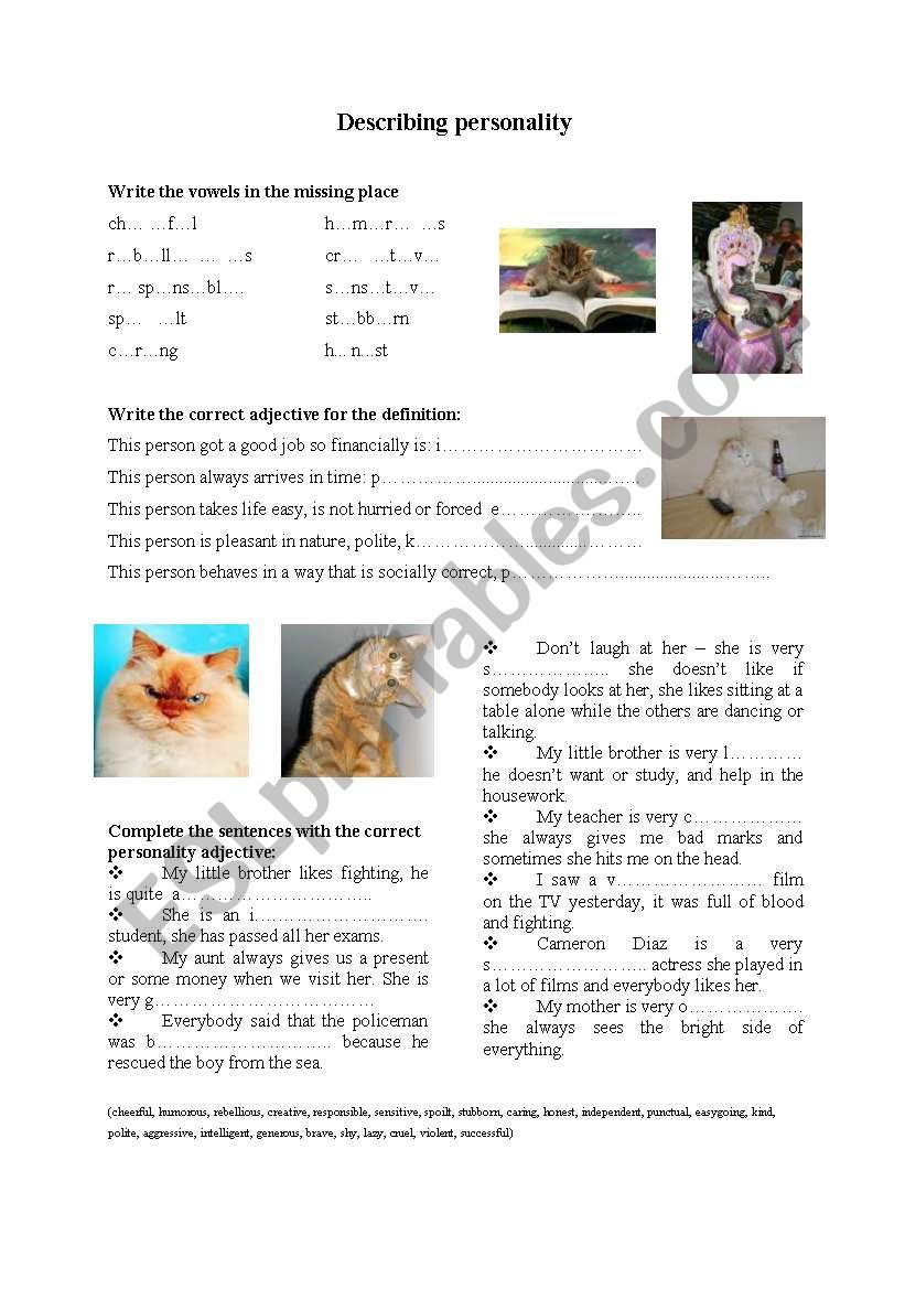 describing personalities worksheet