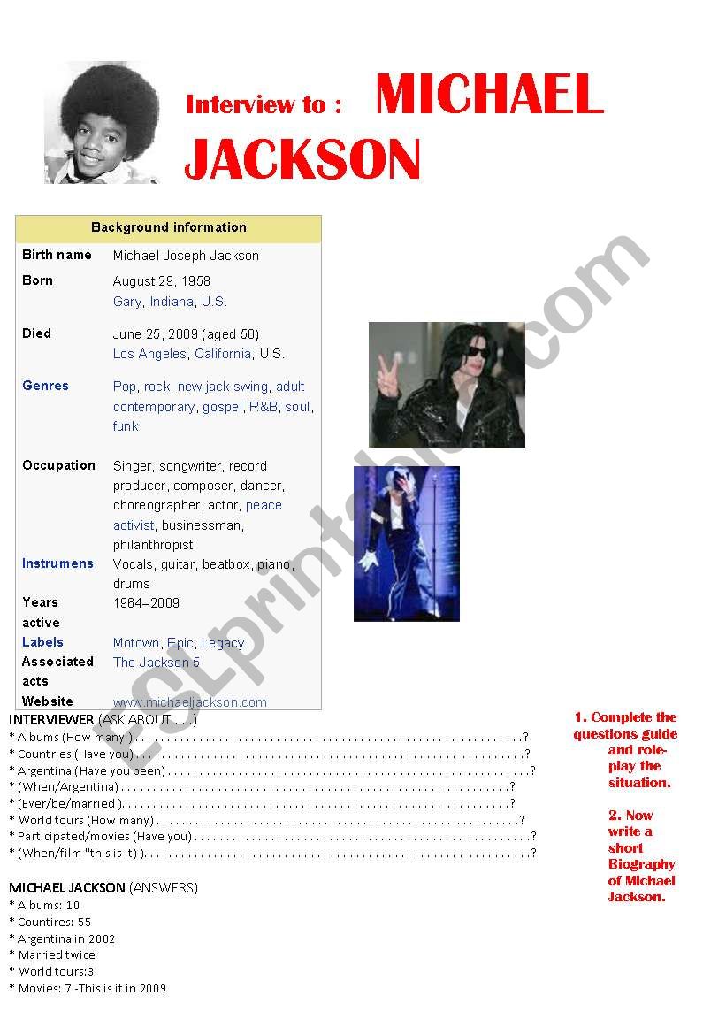 INTERVIEW TO Michael Jackson! worksheet