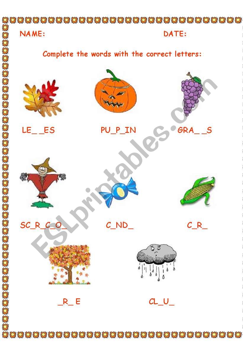 Autumn spelling WS worksheet