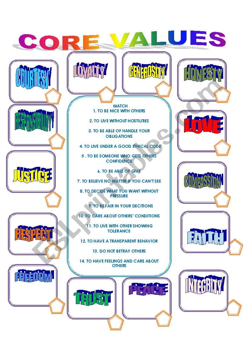 PERSONAL CORE VALUES  worksheet