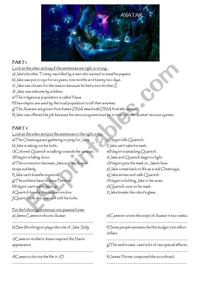 Avatar worksheet