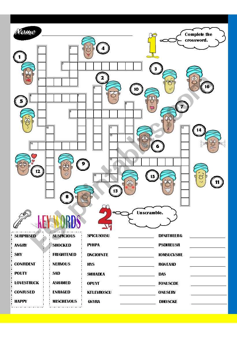 Feelings_Crossword + Unscramble (Key Included)