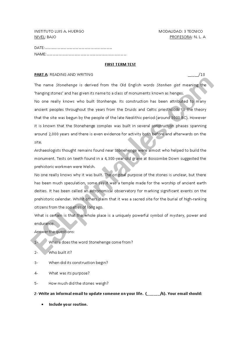 test based on total english 3 worksheet