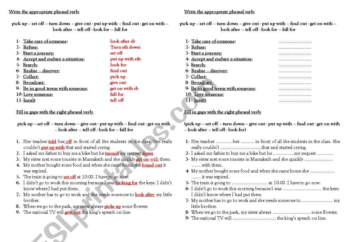 Phrasal verbs meaning and exercises. (2pages)