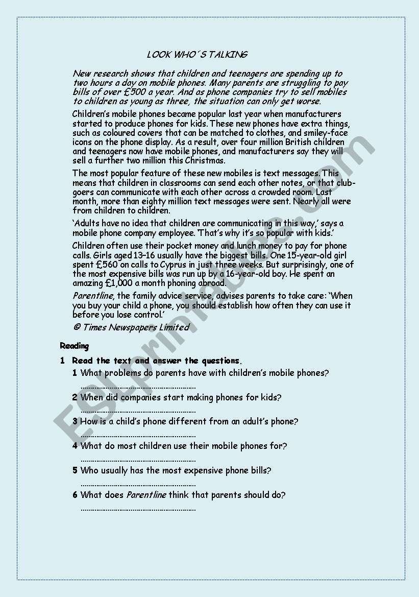 Teenagers and mobile phones worksheet