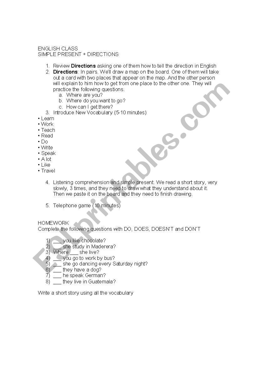 Simple Present + Directions worksheet