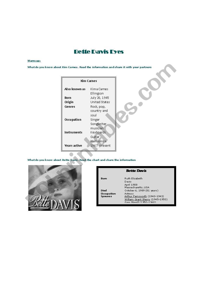 Bette Davis Eyes worksheet
