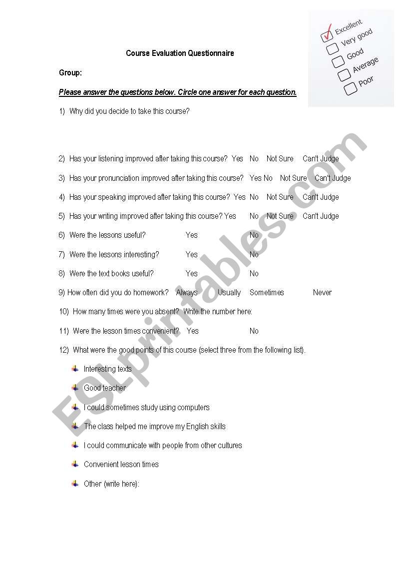 Course Evaluation worksheet