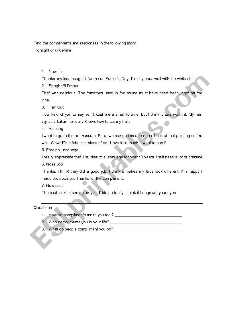 compliments worksheet