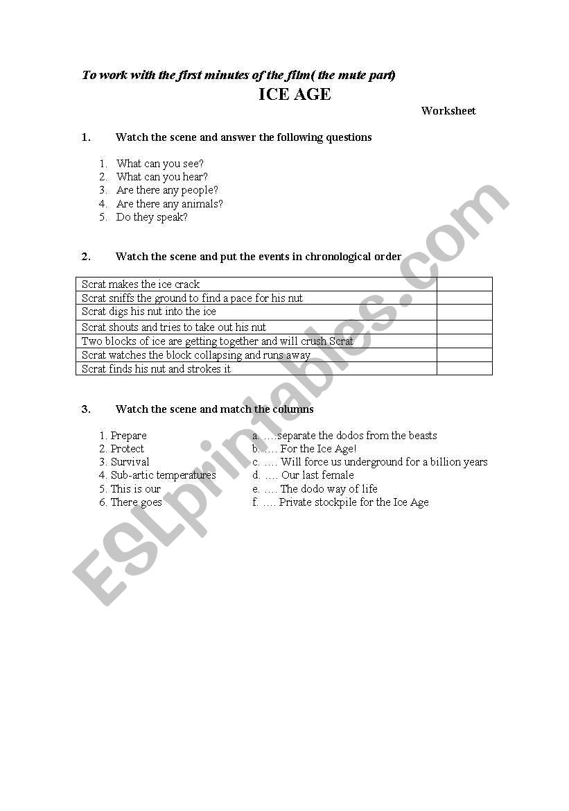 ICE AGE  1 worksheet