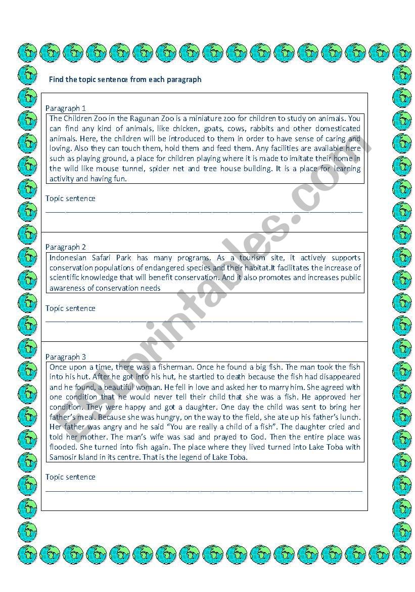English Worksheets Find The Topic Sentence