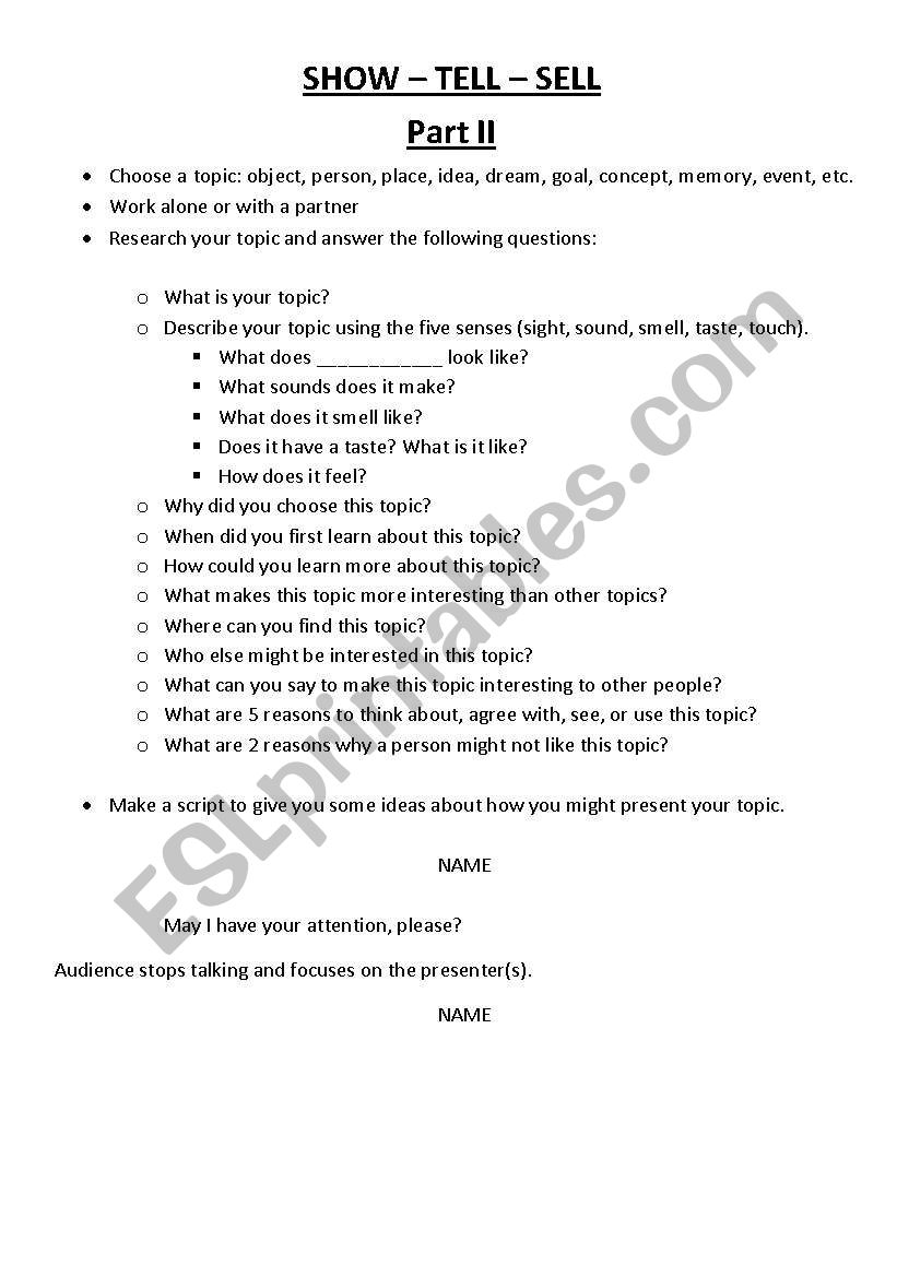 Advanced Show and Tell worksheet