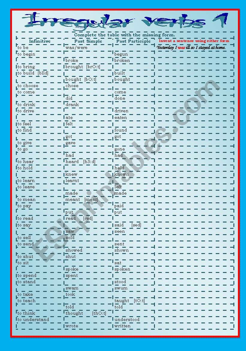 Irregular verbs Cloze 1/2 worksheet