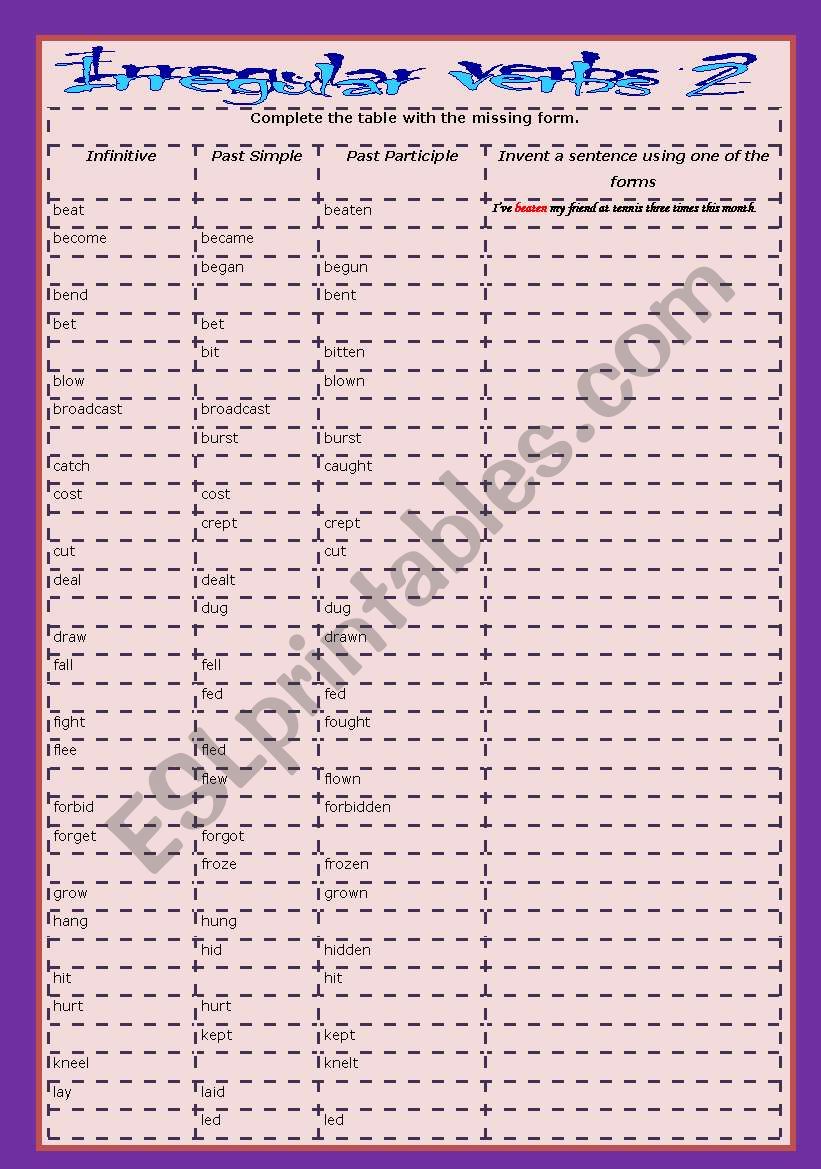 Irregular Verbs Cloze 2/2 worksheet