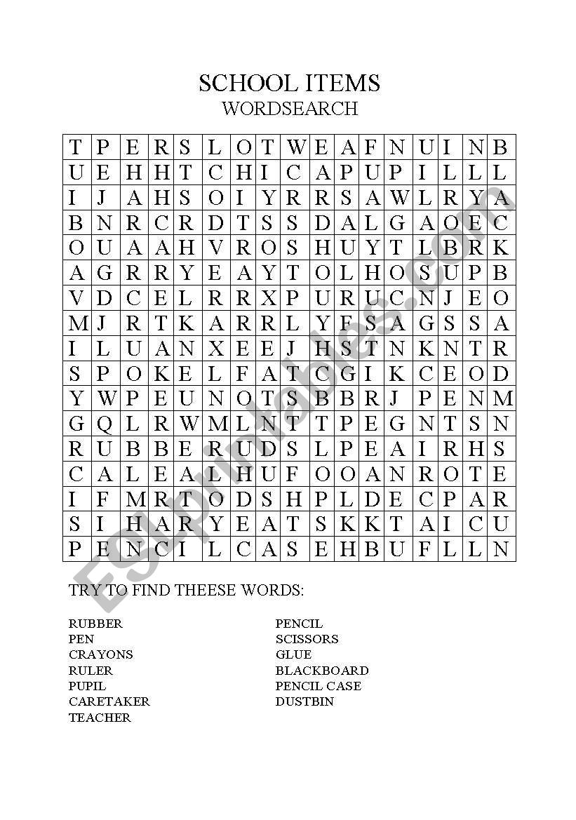 School items - wordsearch worksheet