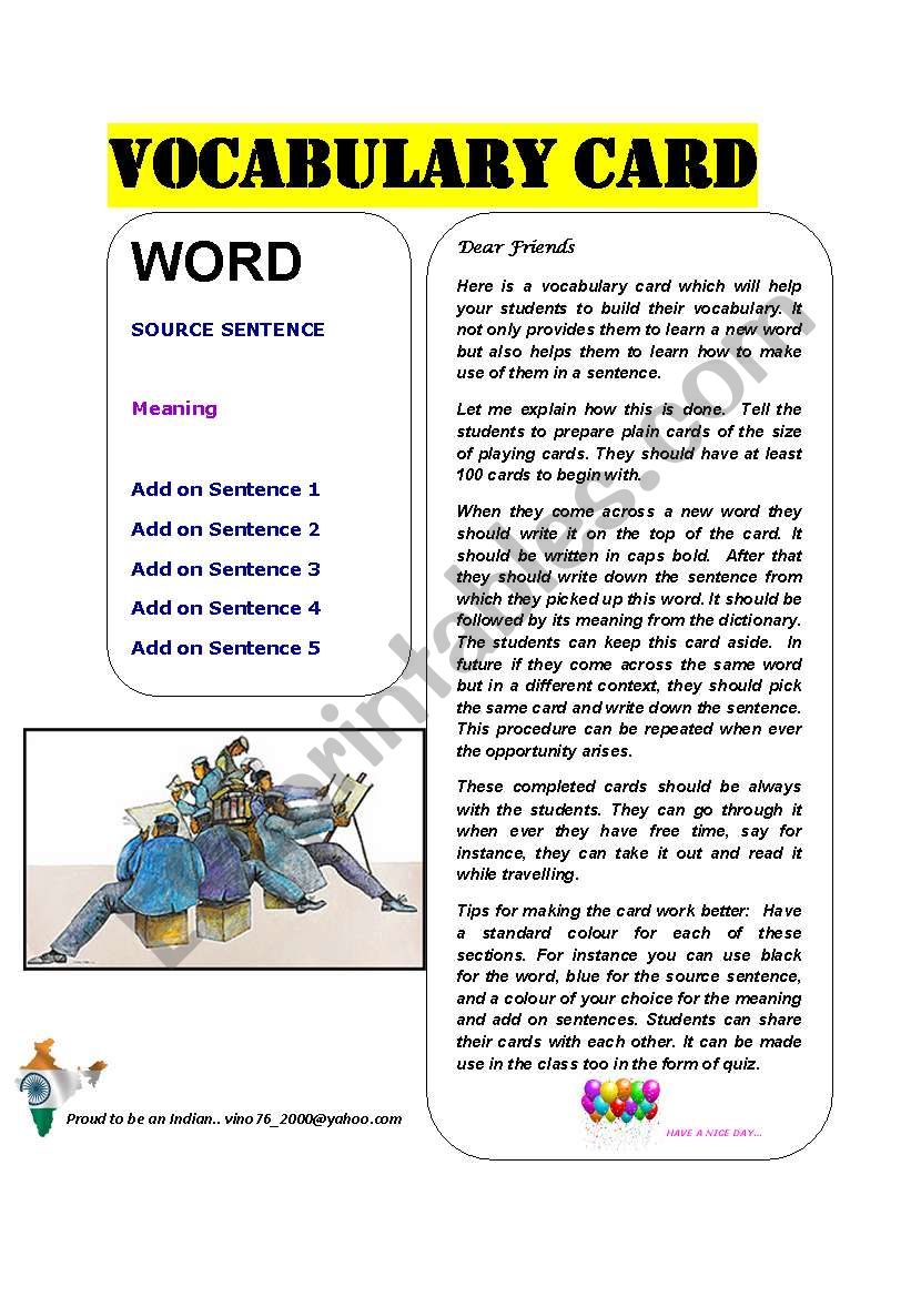 VOCABULARY CARD worksheet