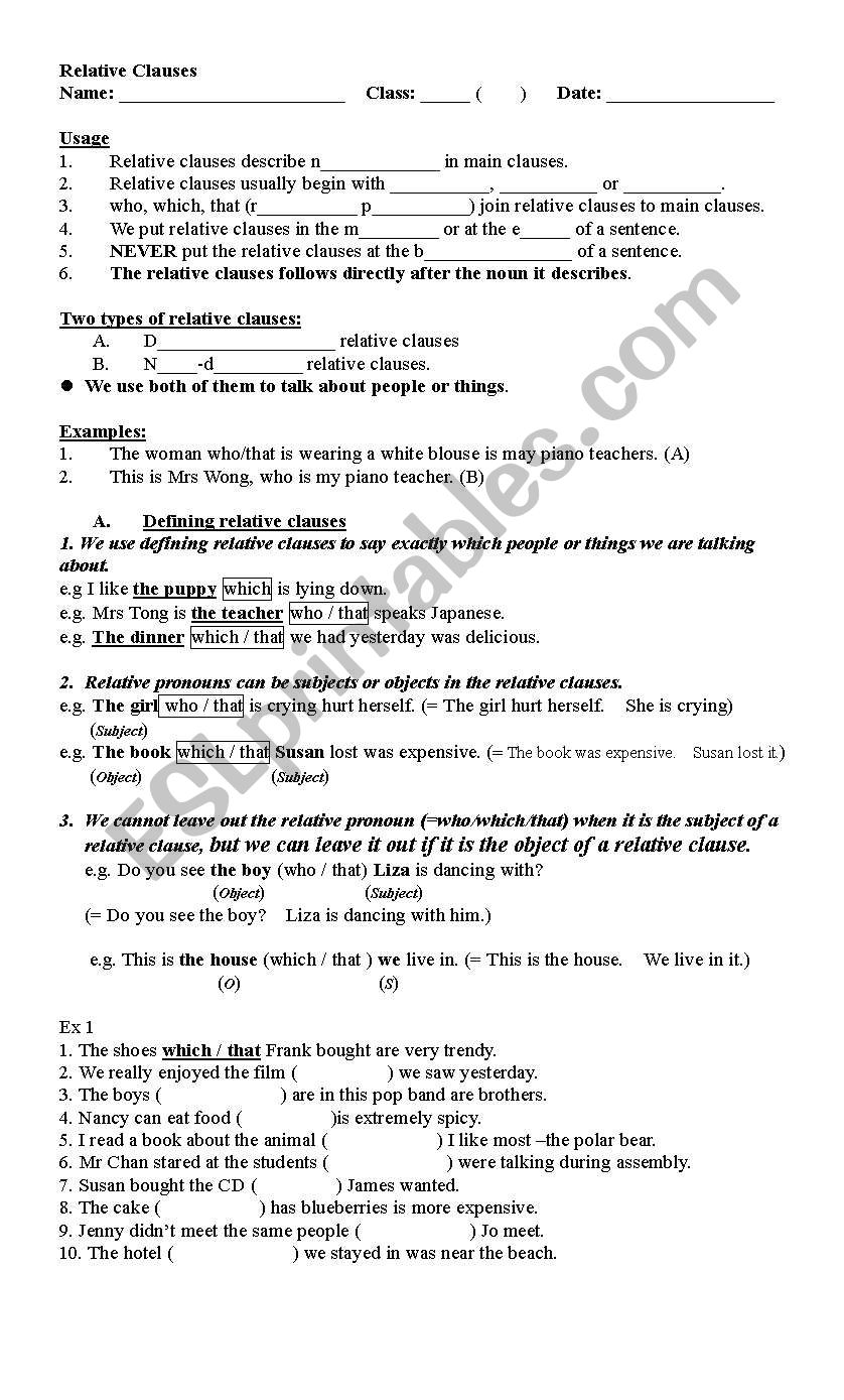 Relative Clauses worksheet