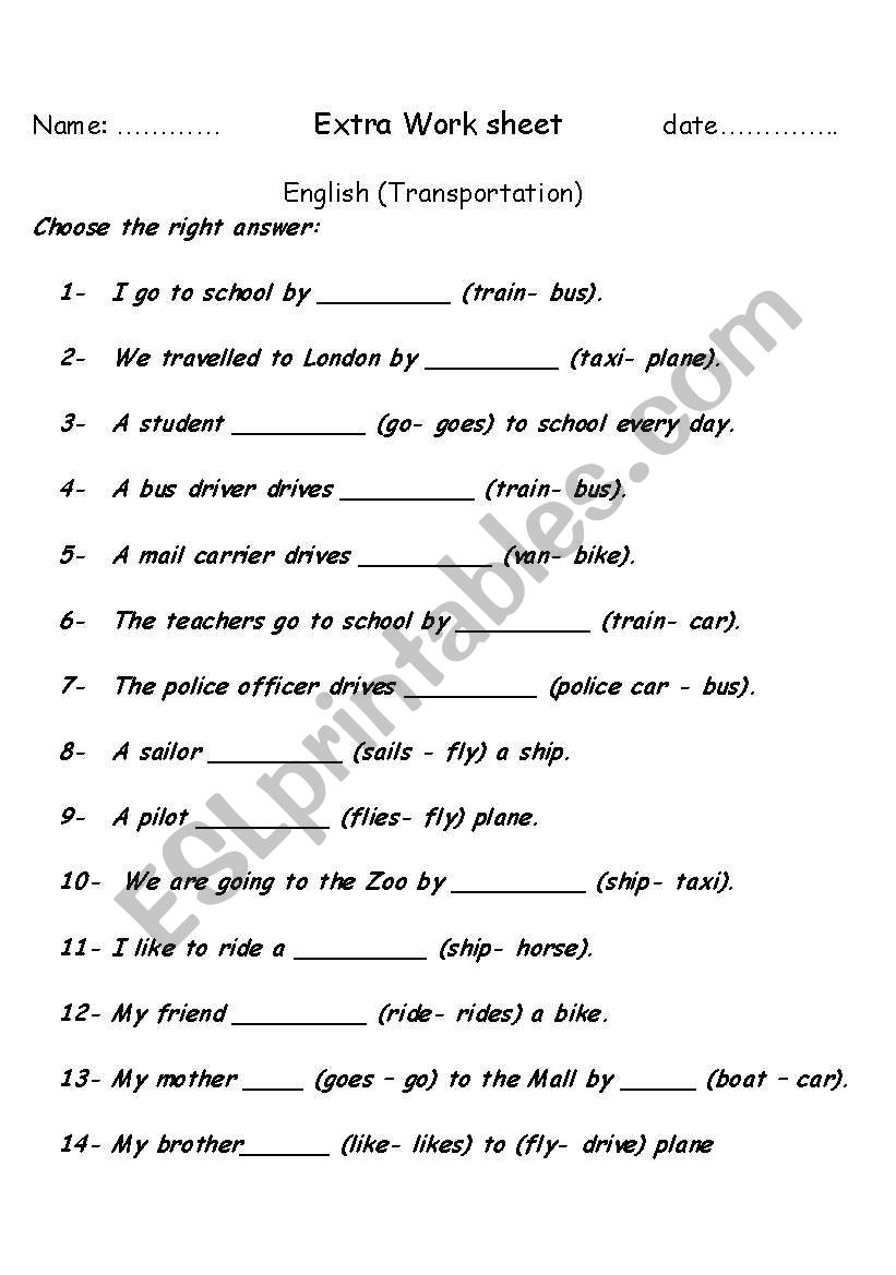 transportation  worksheet